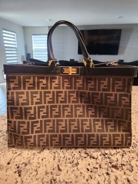Fendi Brown FF Monogram Tote with Black Trim and Gold Hardware